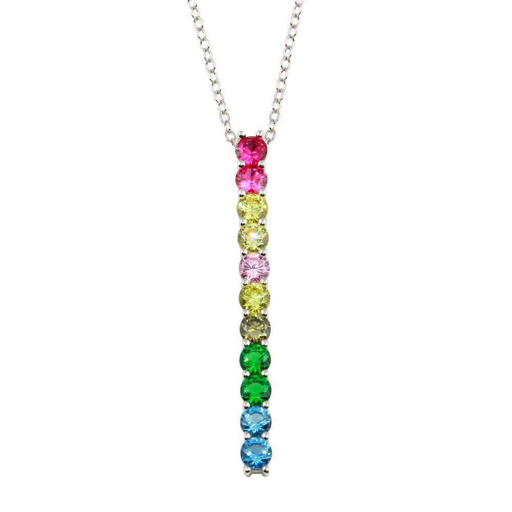 Sterling Silver Rhodium Plated Colorful Dangling CZ Pendant