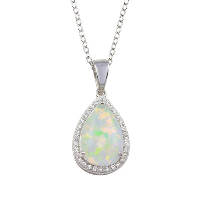 Sterling Silver Rhodium Plated Teardrop Synthetic Opal Pendant Necklace with CZ