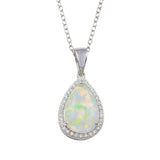 Sterling Silver Rhodium Plated Teardrop Synthetic Opal Pendant Necklace with CZ