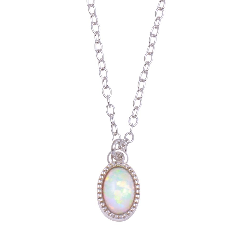 Sterling Silver Rhodium Plated Oval Synthetic Opal Necklace