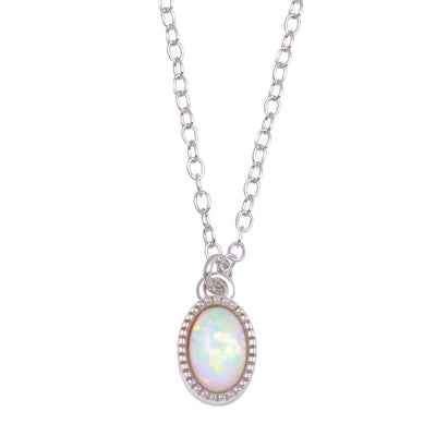 Sterling Silver Rhodium Plated Oval Synthetic Opal Necklace