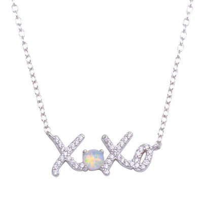 Sterling Silver Rhodium Plated Round XOXO CZ Synthetic Opal Necklace