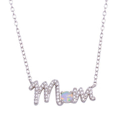 Sterling Silver Rhodium Plated Round MOM CZ Synthetic Opal Necklace