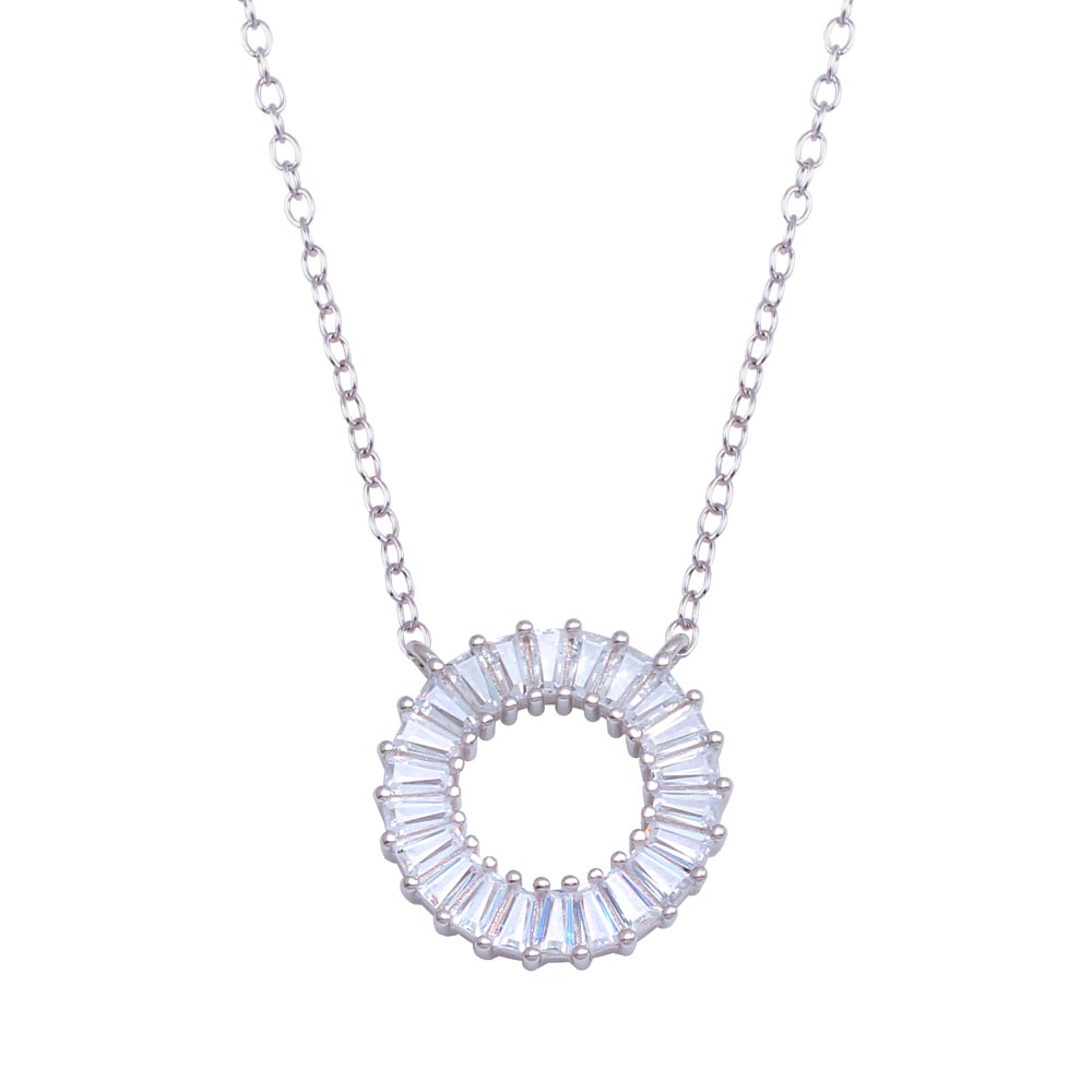 Sterling Silver Rhodium Plated Open Circle Baguette CZ Necklace