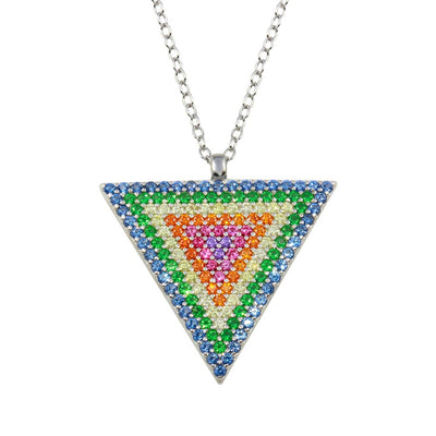 Sterling Silver Rhodium Plated Colorful CZ Triangle Pendant Necklace