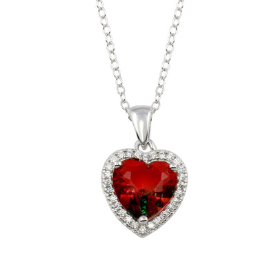 Sterling Silver Rhodium Plated Halo Red and Green Gradient Heart CZ Necklace