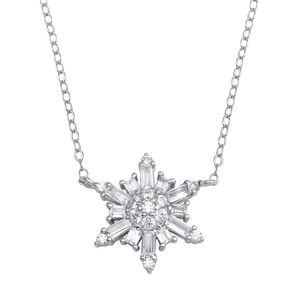 Sterling Silver Rhodium Plated Snow Flakes CZ Necklace