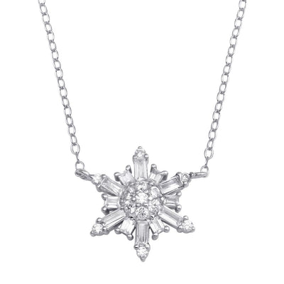 Sterling Silver Rhodium Plated Snow Flakes CZ Necklace
