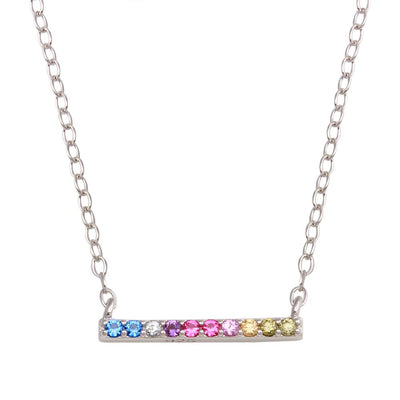 Sterling Silver Rhodium Plated Rainbow Multi Color CZ Bar Necklace