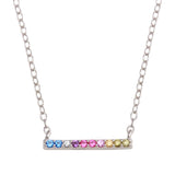 Sterling Silver Rhodium Plated Rainbow Multi Color CZ Bar Necklace