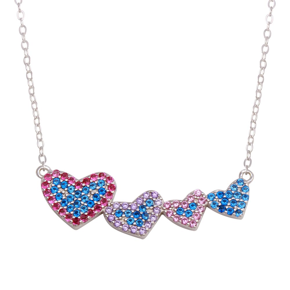 Sterling Silver Rhodium Plated Rainbow Multi Color CZ 4 Hearts Necklace