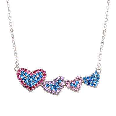 Sterling Silver Rhodium Plated Rainbow Multi Color CZ 4 Hearts Necklace