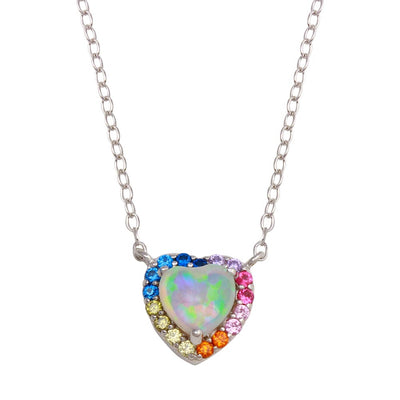 Sterling Silver Rhodium Plated Rainbow Multi Color CZ Opal Hearts Necklace