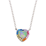 Sterling Silver Rhodium Plated Rainbow Multi Color CZ Opal Hearts Necklace