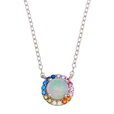 Sterling Silver Rhodium Plated Rainbow Multi Color CZ Opal Round Necklace