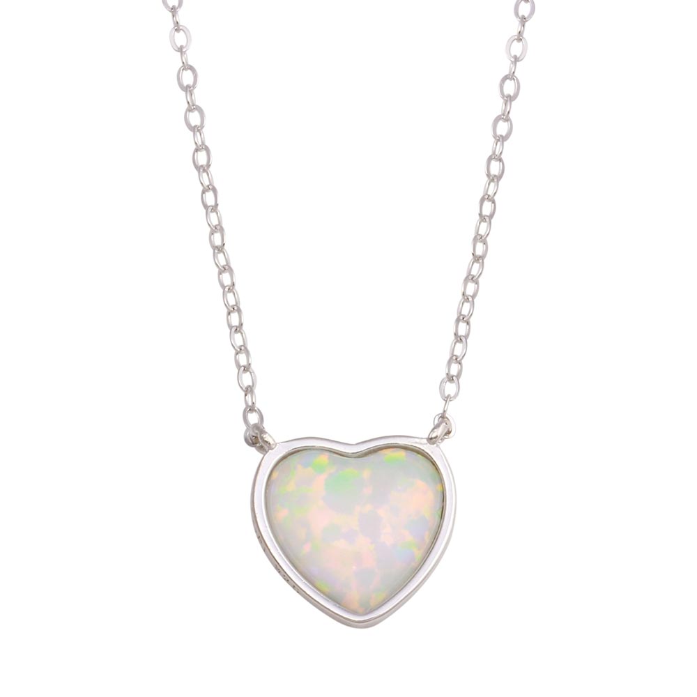 Sterling Silver Rhodium Plated Heart Synthetic Opal Necklace with CZ