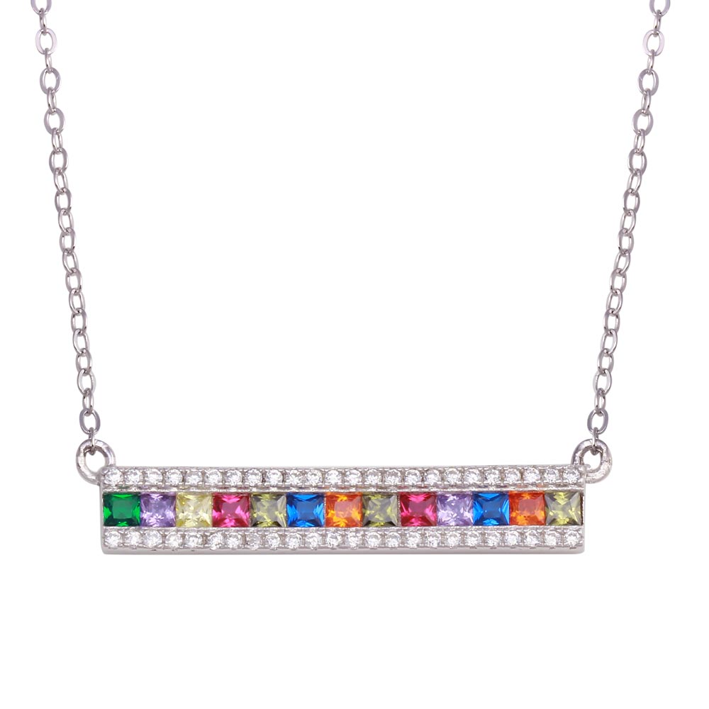 Sterling Silver Rhodium Plated Rainbow Multi Color CZ Bar Necklace