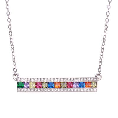 Sterling Silver Rhodium Plated Rainbow Multi Color CZ Bar Necklace