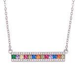 Sterling Silver Rhodium Plated Rainbow Multi Color CZ Bar Necklace