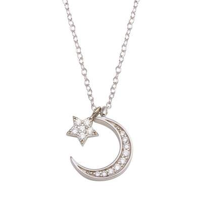 Sterling Silver Rhodium Plated Dangling Flower Crescent CZ Necklace