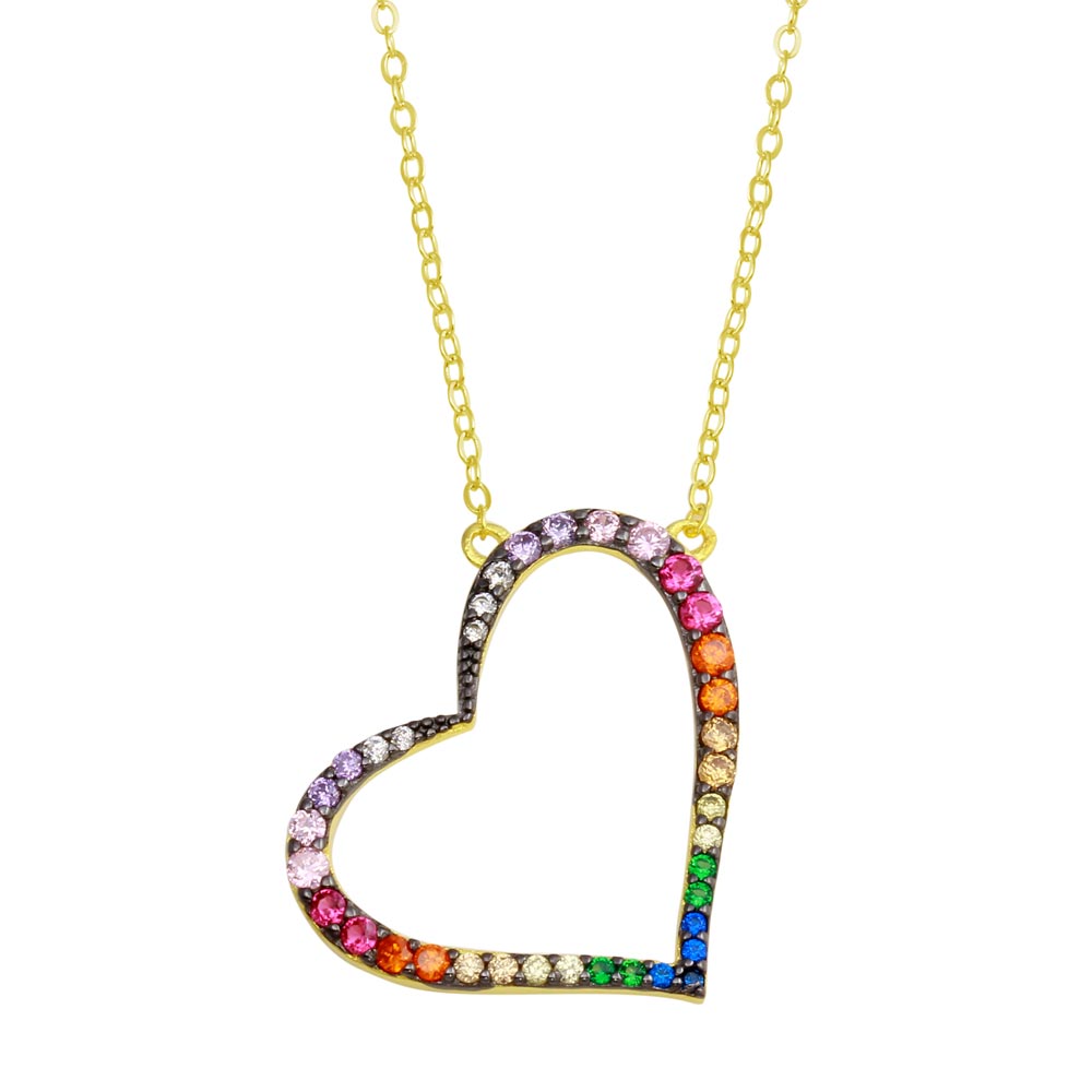 Sterling Silver Gold Plated Multi Color CZ Slanted Heart Pendant Necklace