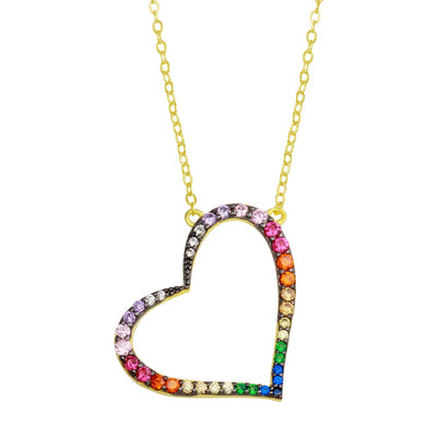 Sterling Silver Gold Plated Multi Color CZ Slanted Heart Pendant Necklace