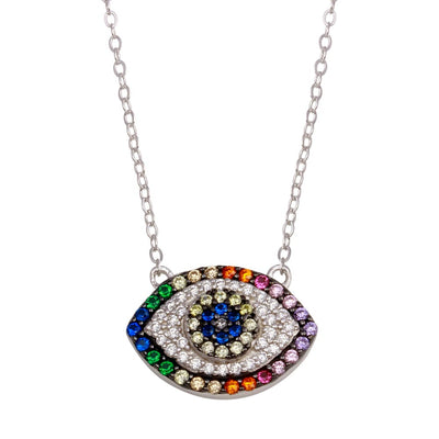 Sterling Silver Rhodium Plated Rainbow Multi Color CZ Eye Necklace