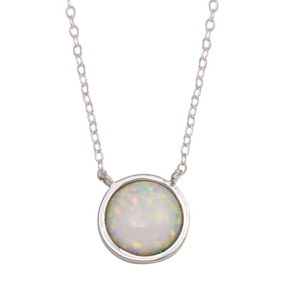 Sterling Silver Rhodium Plated Disc Synthetic Opal Necklace with CZ