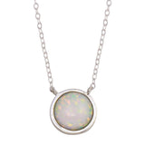 Sterling Silver Rhodium Plated Disc Synthetic Opal Necklace with CZ