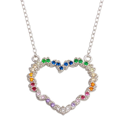 Sterling Silver Rhodium Plated Rainbow Multi Color CZ Hearts Necklace