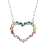 Sterling Silver Rhodium Plated Rainbow Multi Color CZ Hearts Necklace
