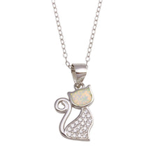 Load image into Gallery viewer, Sterling Silver Rhodium Plated CZ Opal Cat Necklace