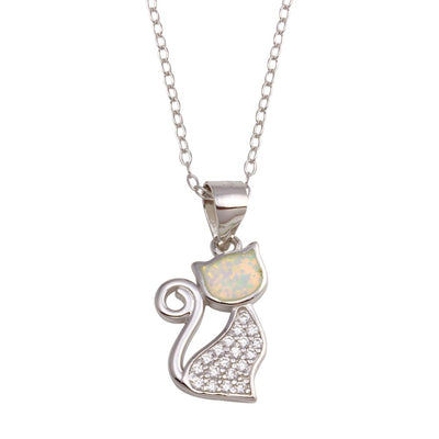 Sterling Silver Rhodium Plated CZ Opal Cat Necklace