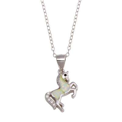 Sterling Silver Rhodium Plated Unicorn Synthetic Opal Necklace with CZ