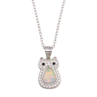 Sterling Silver Rhodium Plated Owl Synthetic Opal Necklace with CZ