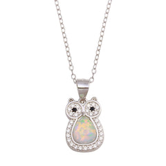 Sterling Silver Rhodium Plated Owl Synthetic Opal Necklace with CZ