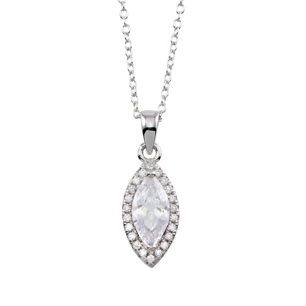 Sterling Silver Rhodium Plated Clear CZ Halo Marquise Shaped Necklace