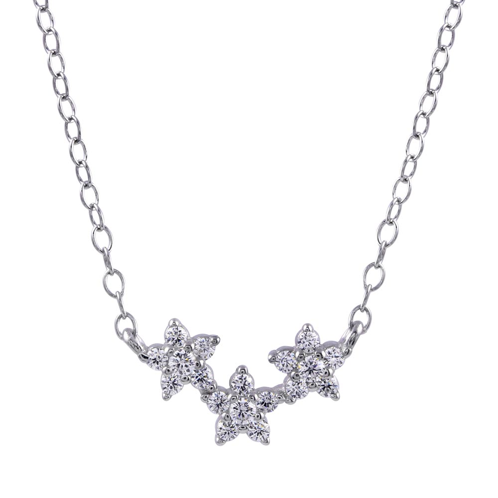 Sterling Silver Rhodium Plated CZ Triple Flower Necklace