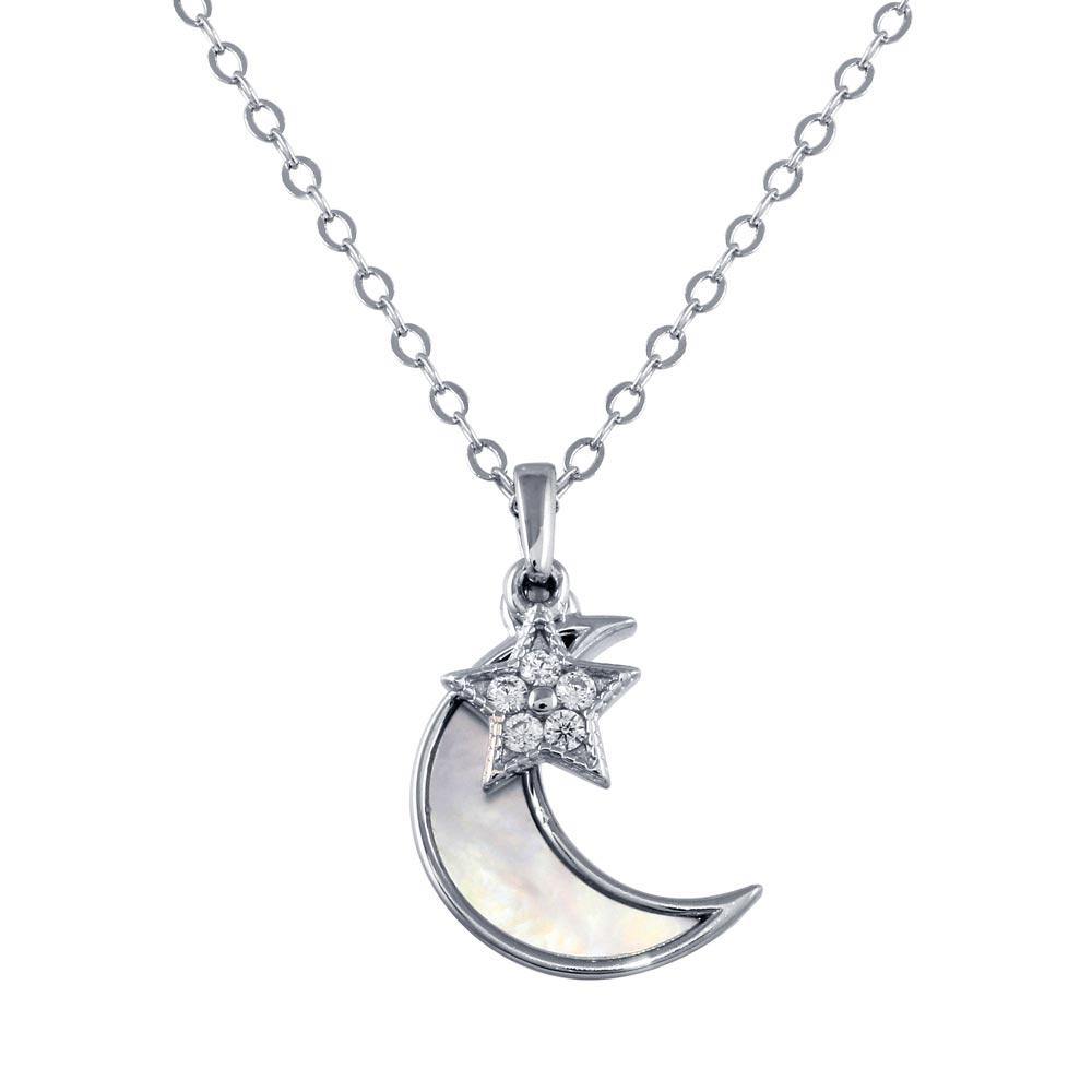 Sterling Silver Rhodium Plated CZ Synthetic Mother of Pearl Star and Crescent Moon Necklace