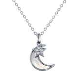Sterling Silver Rhodium Plated CZ Synthetic Mother of Pearl Star and Crescent Moon Necklace