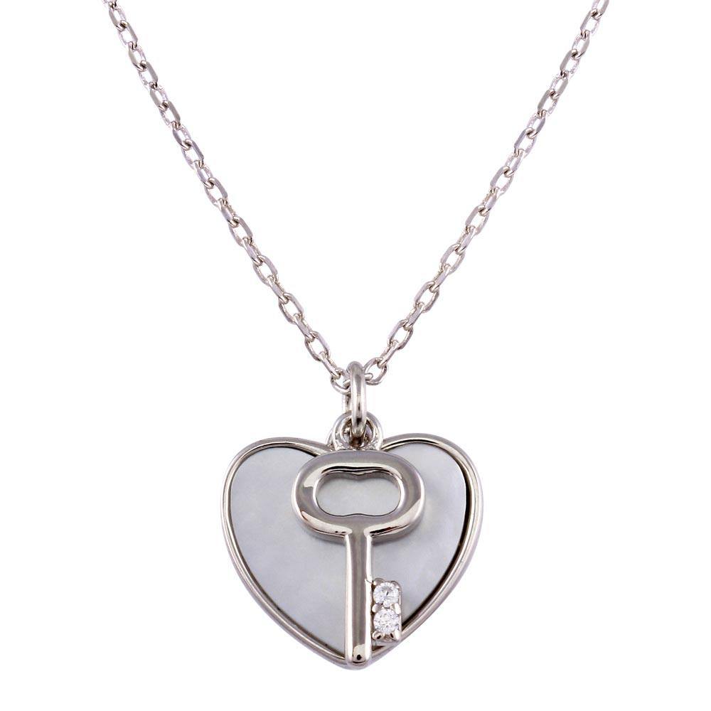 Sterling Silver Rhodium Plated Key and Mother of Pearl Hearts Necklace - silverdepot