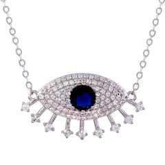 Sterling Silver Rhodium Plated Large Evil Eye Pendant with Clear and Blue CZ Necklace