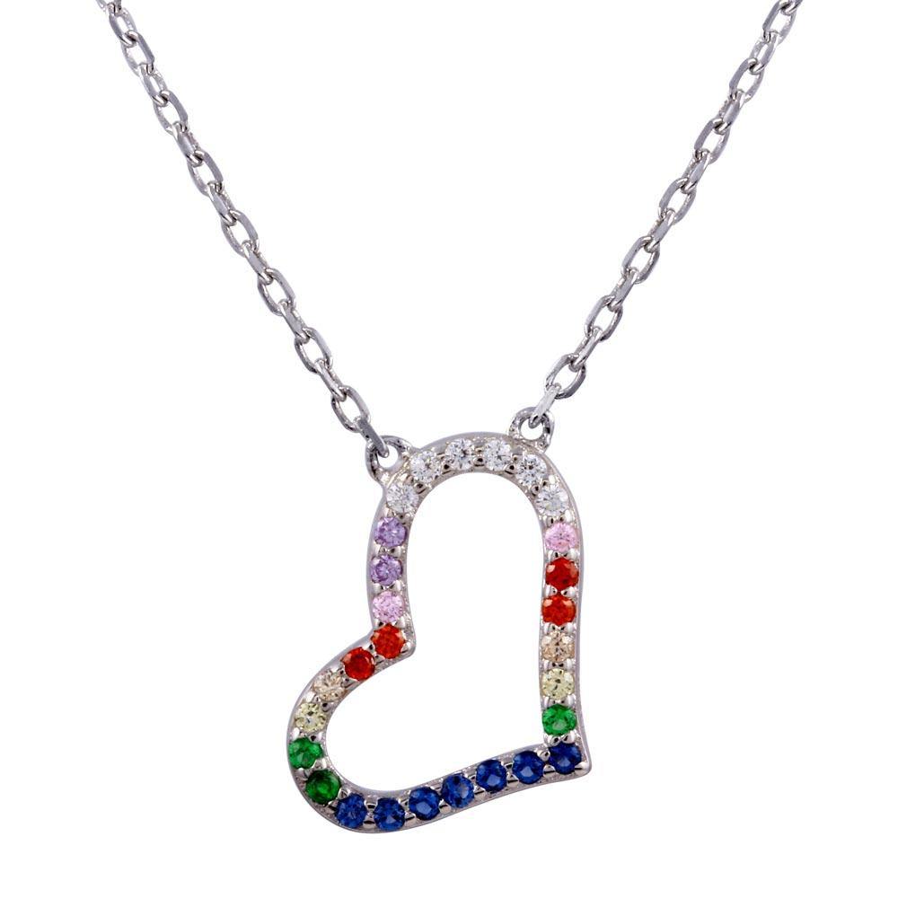 Sterling Silver Rhodium Plated Open Heart Multi Color CZ Necklace - silverdepot