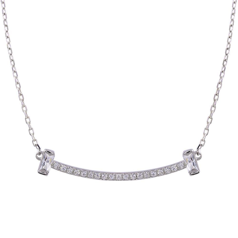 Sterling Silver Rhodium Plated CZ Bar Necklace
