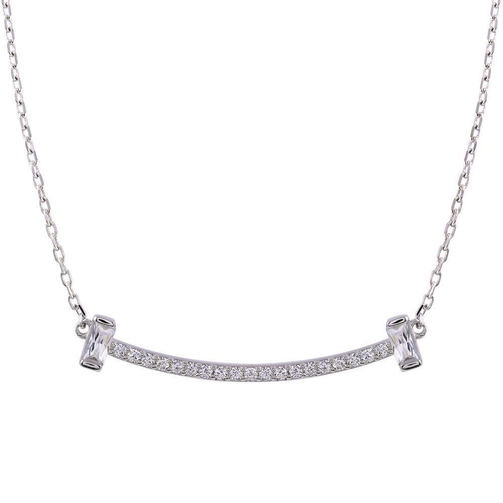 Sterling Silver Rhodium Plated CZ Bar Necklace - silverdepot