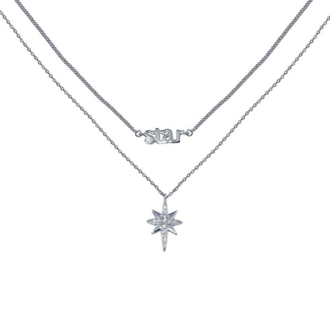 Sterling Silver Rhodium Plated North Star CZ Dual Strand Necklace