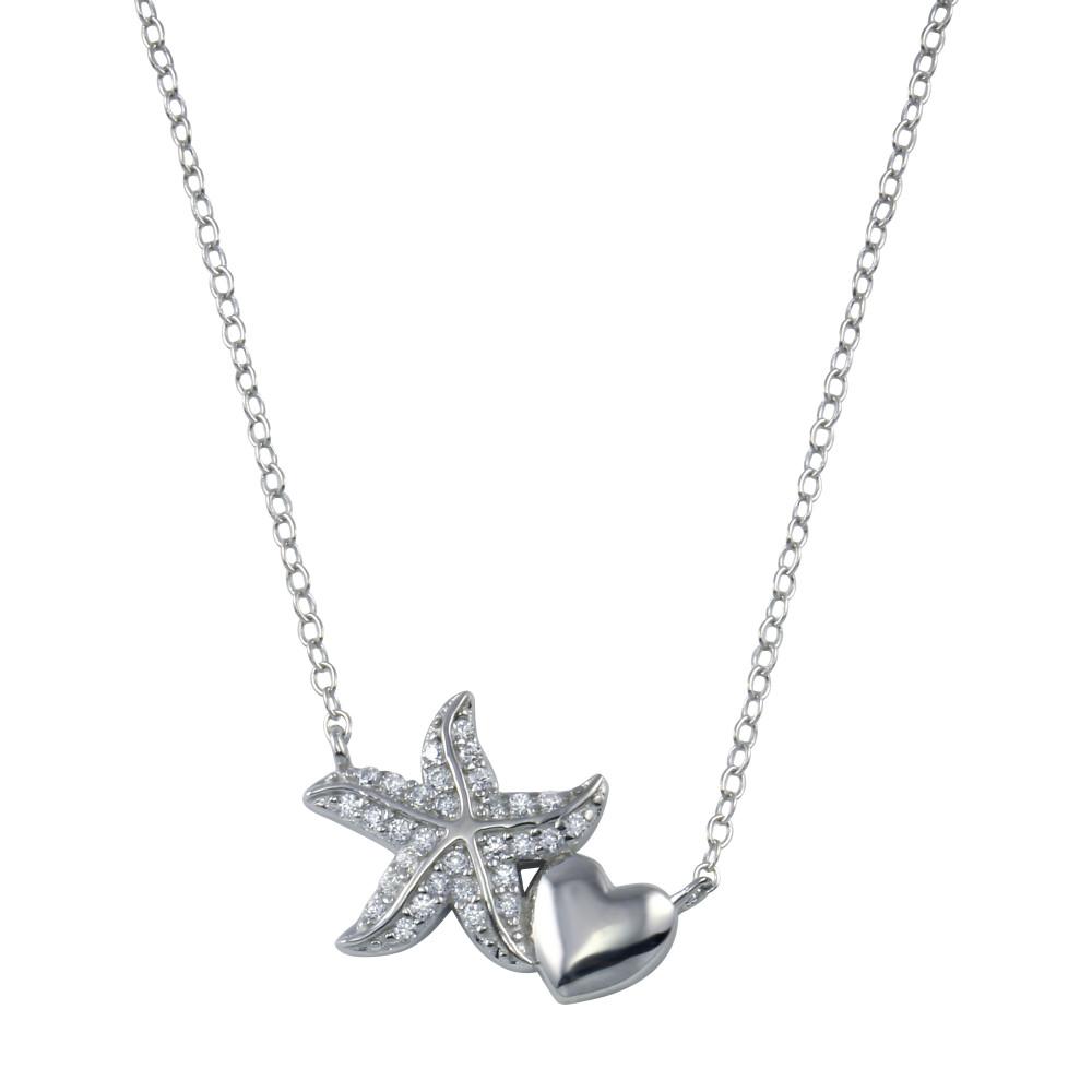 Sterling Silver Rhodium Plated Starfish Heart CZ Necklace