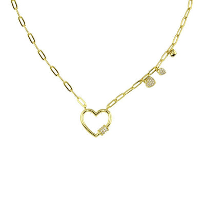 Sterling Silver Gold Plated Heart CZ Paperclip Necklace