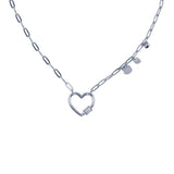 Sterling Silver Rhodium Plated Heart CZ Paperclip Necklace