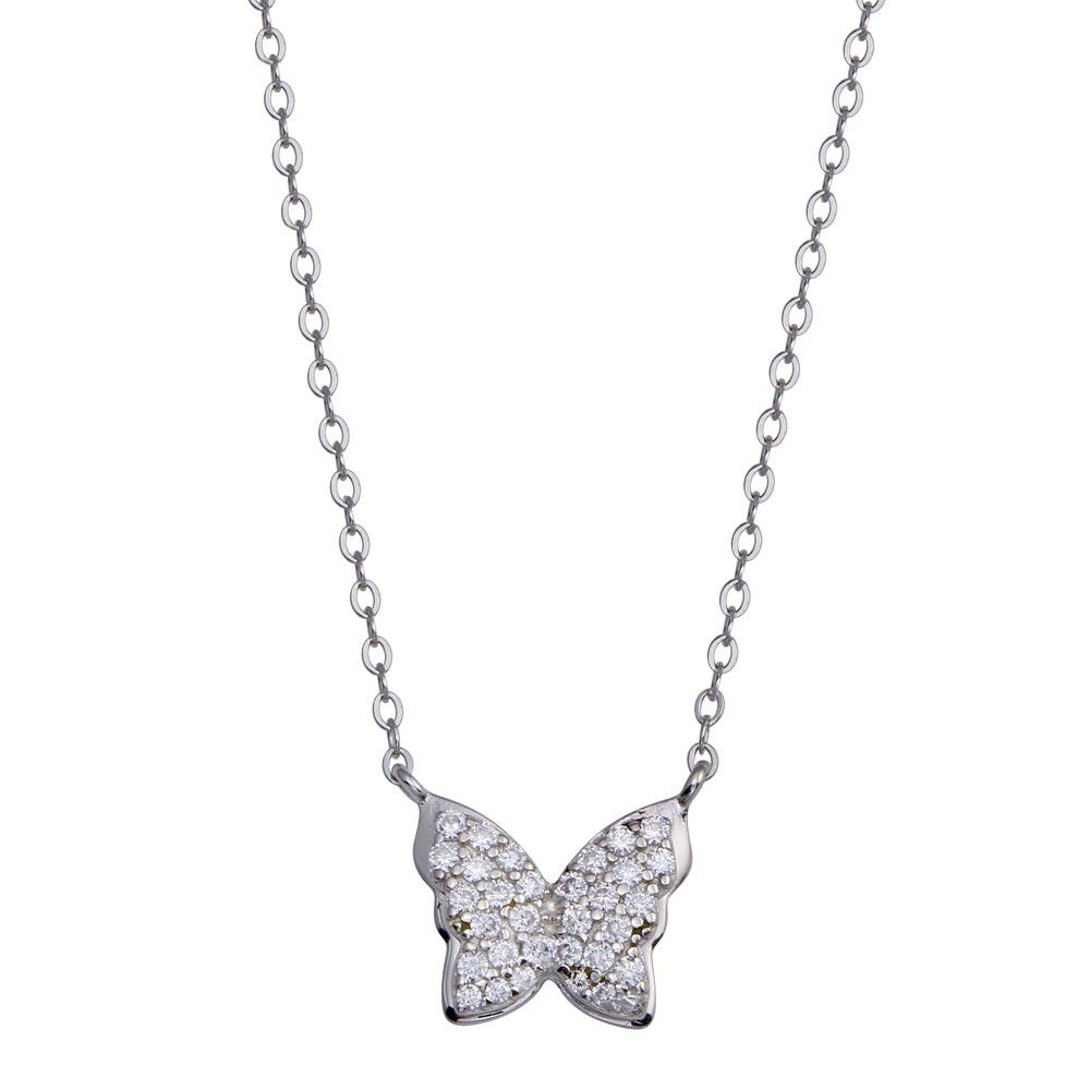 Sterling Silver Rhodium Plated Butterfly CZ Necklace